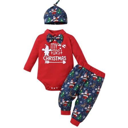 Nyfödd Långärmad Lapel Neck Xmas Jumpsuit Top+pant+hatt Party