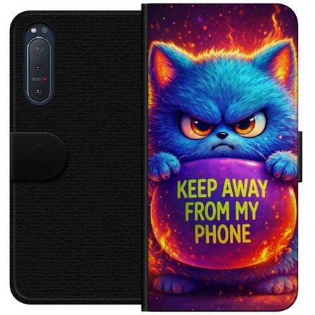 Yhteensopiva Lompakkokotelo Sony Sony Xperia 5 II Vihainen pörröinen sininen kissa, jossa teksti "Pidä loitolla puhelimestani" neonväreillä ja tu