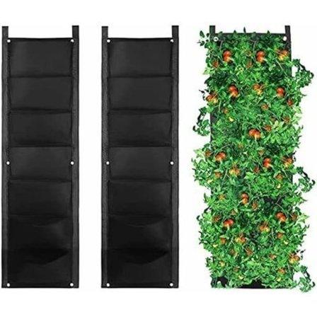Hængende plantepose, 2 stk., 7 lommer, lodrette planteposer, plantepose til indendørs, udendørs, have, altan, terrasse, boligindretning (sort)