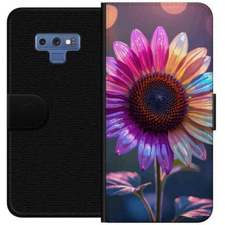 Kompatibelt Lommeboketui til Samsung Galaxy Note9 Irideserende blomst med glitrende kronblad i rosa lilla og gull mot myk bokeh bakgrunn