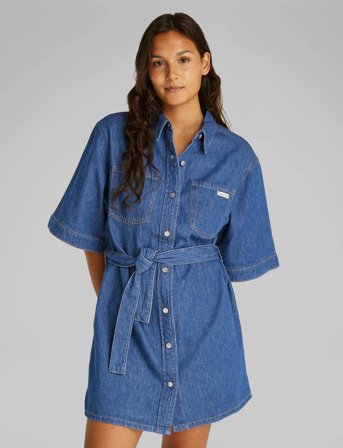 Calvin Klein Jeans Linen Boxy Belted Shirt Dress - Blue - M