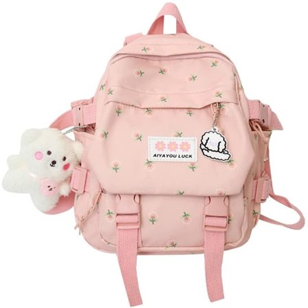 Vacker ryggsäck 10,6 tum Kawaii ryggsäck med hänge Mini flicka ryggsäck Söt skolväska Japansk skolväska Blommig ryggsäck (Rosa)