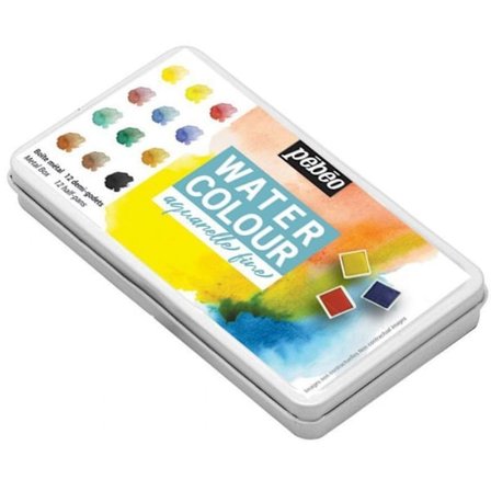 Laatikko, jossa 12 akvarellivuokaa + vesisivellin