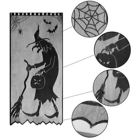 Halloween Dørgardin Kranie Bat Edderkop Web Sort Blonder Dørgardin