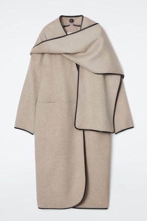 COS Women's Leather Trimmed Wool Scarf Long Coat in Beige
