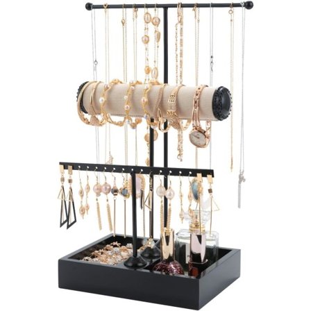 Elegant antik bronze T-formet 3-etagers smykkestativ til halskæder, armbånd og ure (sort) szq