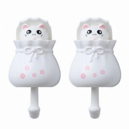 Stark krok självhäftande hållare krok dörr vägg hängande fri stansning självhäftande krok kök badrum kreativ söt vit katt krok