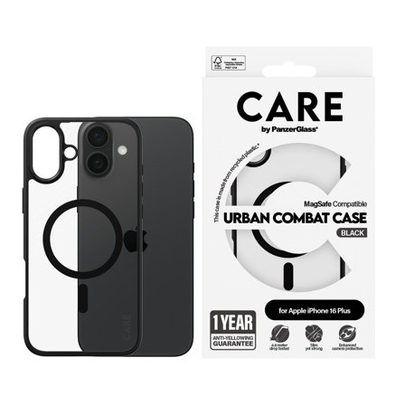 CARE by Panzer Flagship Case Transparent Urban Combat w. Black Frame & MagSafe iPhone 16 Plus PanzerGlass - High quality tempered glass screen 