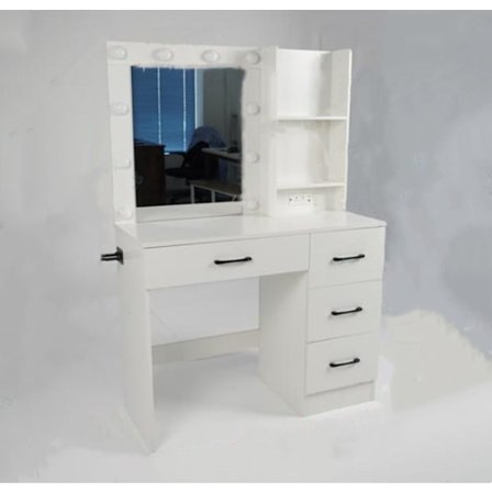 COSTWAY Makeup Bord med Spejl, 3-Farvet LED Lys, Opladningsstation, Justerbar Lysstyrke, 4 Skuffer, Hårtørrerholder