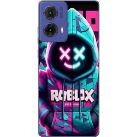 Motorola Moto G85 Gennemsigtig cover Roblox neon hætteklædt figur med en maskeret karakter i blå og lyserøde neonfarver, der giver en tydelig cybe