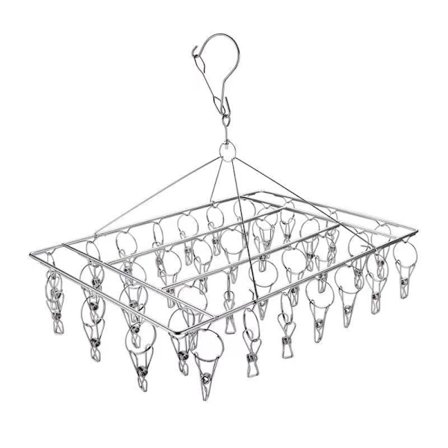 Kleshenger i rustfritt stål med 36 vindtette klyper i rustfritt stål for å henge opp sokker, undertøy, klær, håndklær og mer