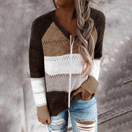 Kvinnor Dam V-hals Zip Up Casual Baggy Lös Blus Sweater Top
