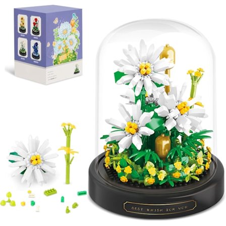 Blomsterbuket Byggesæt, 490 STK Hvide Daisy Mini Byggeklodser Sæt til Voksne, Blomster Botanisk Samling til Hjemmedekoration, Mors Dag til Mor