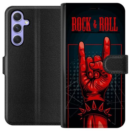 Kompatibelt Lommeboketui til Samsung Galaxy A54 Rock & Roll håndtegn – Rødt og sort motiv med heavy metal inspirasjon