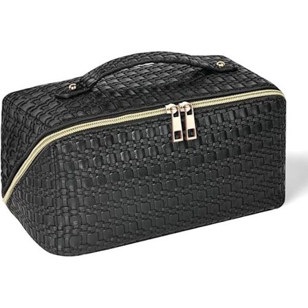 Stor makeup taske, toilettaske med håndtag til damer, vandtæt bærbar toilettaske til damer, PU læder toilettaske, stor toilettaske, sort b