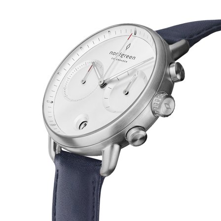 Nordgreen Men's Scandinavian Wrist Watch - Silver Case - White Dial - Navy Vegan Leather Watch Strap Pioneer White Dial Chronograph