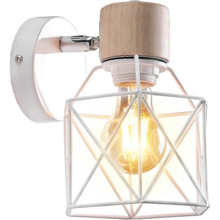 Vintage Indendørs Væglampe E27 Væglampe med Træ Industrielt Loftlampe Armatur Metalbur Form Lampe Armatur Belysning (Hvid) ZeGoods