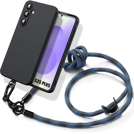 Skyddsfodral för Samsung Galaxy S25 Plus (S25+) Silikon i svart med blå axelrem