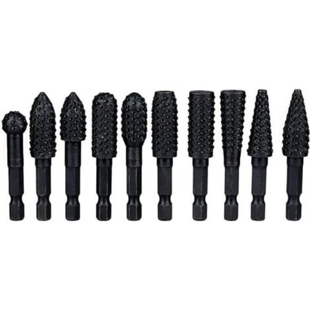 IC 10 stk Roterende Cutter Rasp Sett 6,35 mm Karbonstål Hexagon Håndtak Rotary Cutters Sniddeverktøy for Treskjæring, Metallpolering, Gravering, Svart