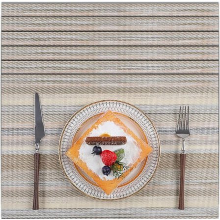 Set med 6 enkle å rengjøre plassmatter for spisebord vevd vinyl bordmatte varmebestandig vaskbar beige blanding