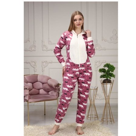 Fleece-pysjamasoverall med hette og glidelås for kvinner Pink 36