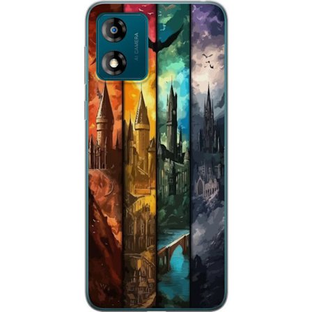 Kompatibel Mobilcover til Motorola Motorola Moto E13 Fire magiske slotte i forskellige elementfarver, episk fantasykunst med ild vand luft og mørke i