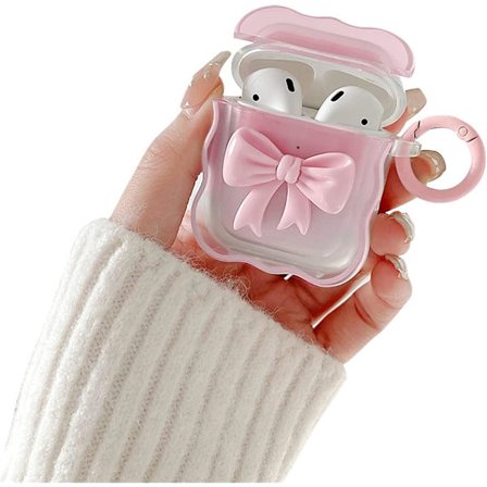 Kompatibel med AirPods Skal Mjukt Transparent TPU med Söt 3D Färgstark Rosett Design Stötsäkert Nyckelring Skal för Flickor Kvinnor Airpods 2 & 1-Rosa