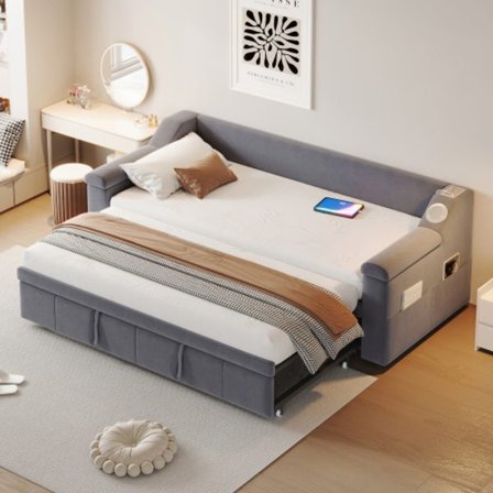 Klädd bäddsoffa, 90/180*190 cm, med smart Bluetooth-högtalare med USB-laddningsport, med förvaringsfack, sammetstyg, grå