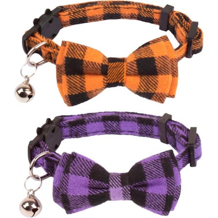 Halloween Katthalsband med Säkerhetsspänne och Avtagbar Fluga, 2-pack Orange Lila Rutigt Halloween Fluga Halsband för Katter Kattungar Orange&Lila-1 