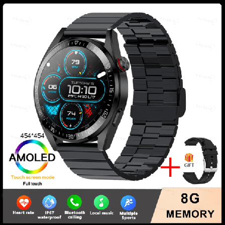 Ny Smart Watch Herr 8G Minne Lokal Musikspelare 454*454 AMOLED-skärm Bluetooth Call Sports Man Smartwatch För Huawei Steel Black B Original box