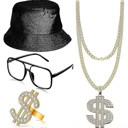 Hip Hop Kostume Sæt, Med Spand Hat, Solbriller, Guld Kæde Ring, 80'er/90'er Rapper Tilbehør