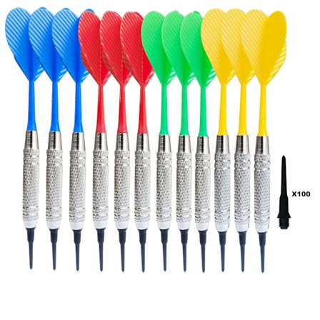 3 punaista, keltaista, sinistä ja vihreää muovkärkistä dartsia, 12 kappaleen elektroninen darttaulu, jossa on 100 dartin kärjet ja höyhenet