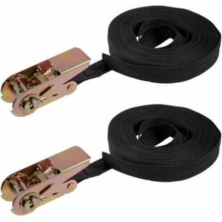 2 stk. lastestropper med skralle, 10 m x 25 mm, 600 kg arbeidsbelastning, lastestropp med strammer, strammestropp i svart