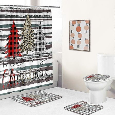 4 st Julgrans Duschdraperi Set med Halkfri Matta, Toalettlock och Badrumsmatta, Julgrans Duschdraperier med 12 Krokar(B), Christ