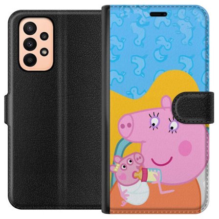 Kompatibelt Lommeboketui til Samsung Galaxy A23 Peppa Gris familie motiv med mor gris, far gris og venner, fargerikt tegnet barnebilde