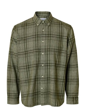 Slhregnoah Mix Bdwn Ls Shirt Camp Tops Shirts Checkered Shirt Khaki Green Selected