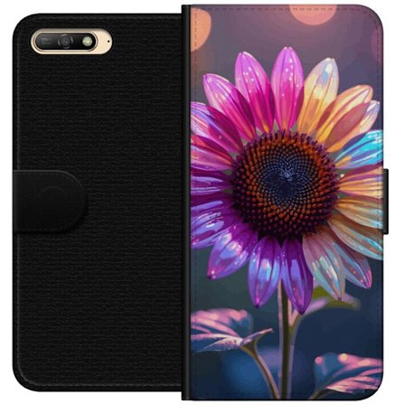 Kompatibelt Lommeboketui til Huawei Y6 (2018) Irideserende blomst med glitrende kronblad i rosa lilla og gull mot myk bokeh bakgrunn