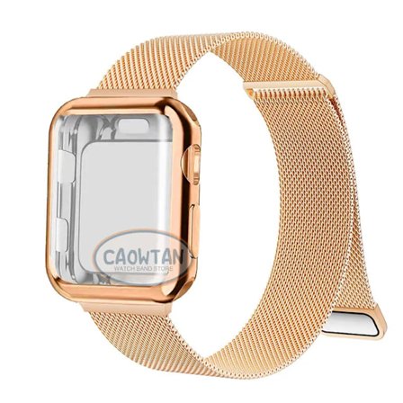 Milanese-reim + stropp for Apple Watch Band Ultra 49MM 41mm 40mm 44mm 38mm 42mm TPU-skjerm Iwatch Series 9 8 7 6 SE 5 4 Correa 45mm Rose Gold
