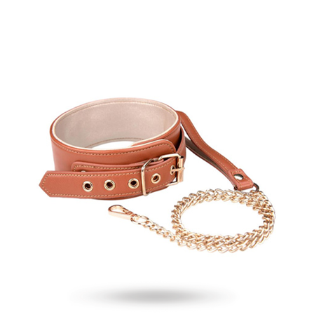 Blaze Elite Collar & Chain Cognac Vegan Leather - Vuxen.se - BDSM halsband, BDSM koppel