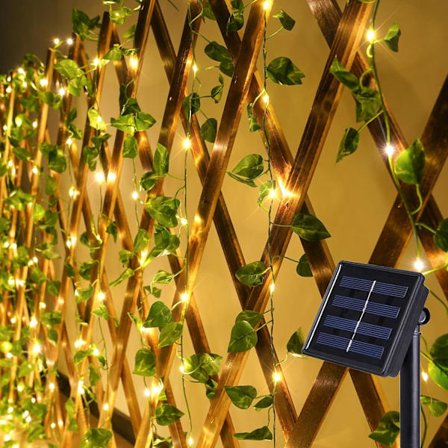 10 meter Solcelle Pothos Blad Lys - 100 LED Vandtætte Lys med 8 Tilstande til Terrasse, Hegn & Bryllupsdekoration (Varm Hvid)