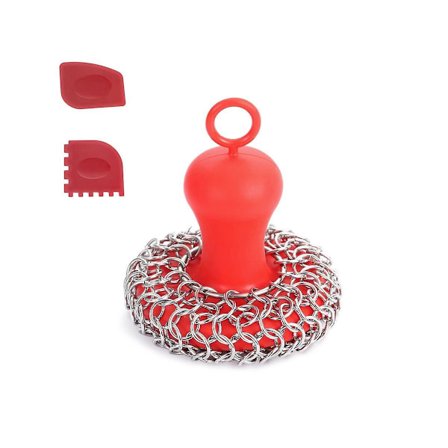 XJ-Støbejerns Chainmail Skrubber + Pande, Rengøringsmiddel til Rustfri Stegepander, Værktøj til Støbejernspander Rød—max