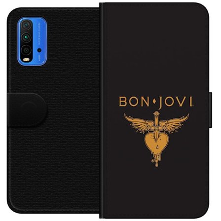 Kompatibelt Plånboksfodral till Xiaomi Redmi Note 9 4G Ikonisk musikillustration med bevingat hjärta och dolk i guldtoner på mörk bakgrund, kraftf