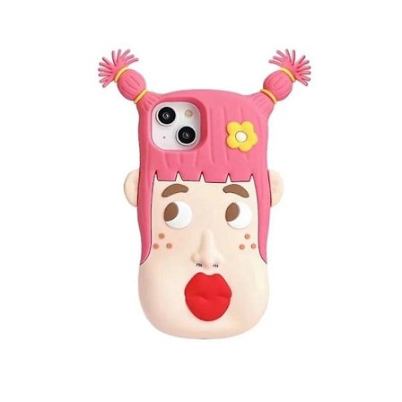 For iPhone 12 3D Cartoon Cool Pink Braid Girl with Flowers Soft Silicone Shockproof