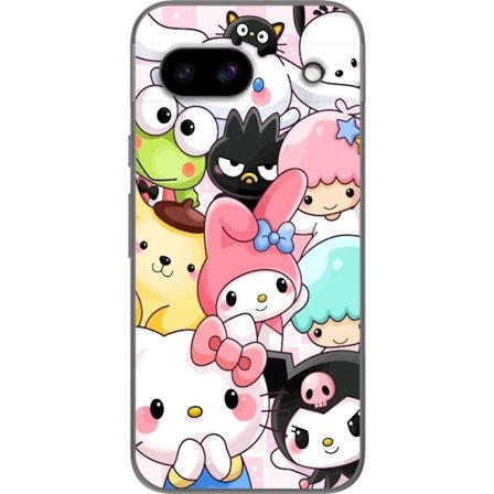Yhteensopiva Puhelinkuori Google Pixel 8a Tiheä kuvio suloisia hahmoja, joilla on suuret silmät eri väreissä ja ilmeissä LABUBU-tekstillä