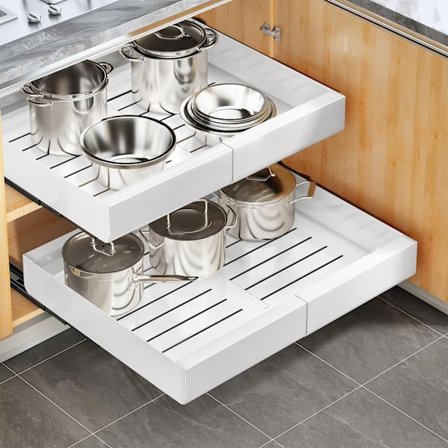 Udtræksskuffe, udtrækkelig teleskopisk køkkenskuffe til køkkenskab, udtræksskuffe med selvklæbende nanofilm, 42 x 30-50 x 7,5 cm, hvid