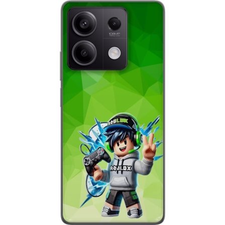 Kompatibelt Mobildeksel til Xiaomi Redmi Note 13 Roblox-inspirert gamerfigur med headset, håndkontroll og energiske effekter mot grønn bakgrunn