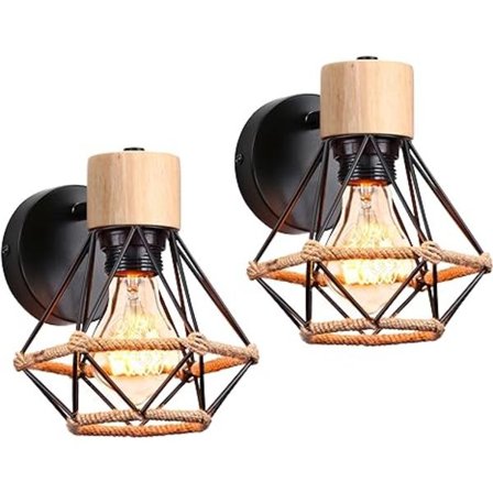 Set med 2 industriella vägglampor design metallbur trä och hampa vägglampa vintage