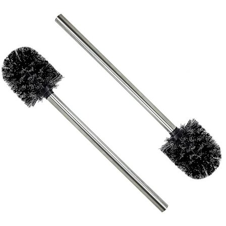 Toalettborste i svart med borsthuvud och handtag i rostfritt stål