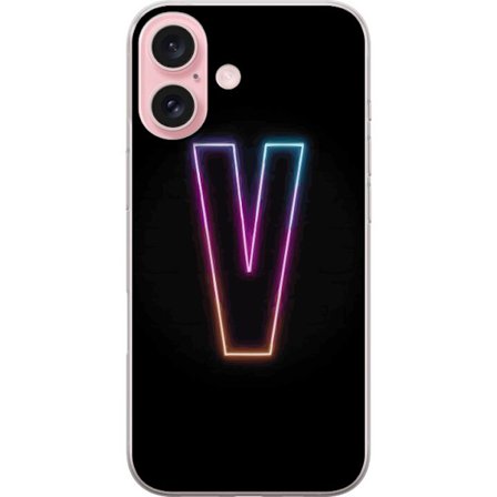 Yhteensopiva Puhelinkuori Apple Apple iPhone 16 Neonkirjain V värikoodattu valossa mustaa taustaa vasten, minimalistinen muotoilu selkeällä hehkull