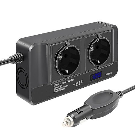 200W Autonmuunnin, Jännitekonvertteri 12V - 220V Älykkäällä Ajanäytöllä LCD, 2 Pistorasiaa Ja 4 USB-C
